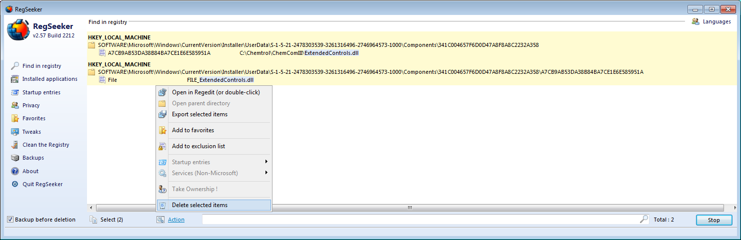 RegSeeker fixing Disallowing uninstallation of component: since another client exists