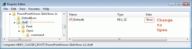 Change 'Show' to 'Open'